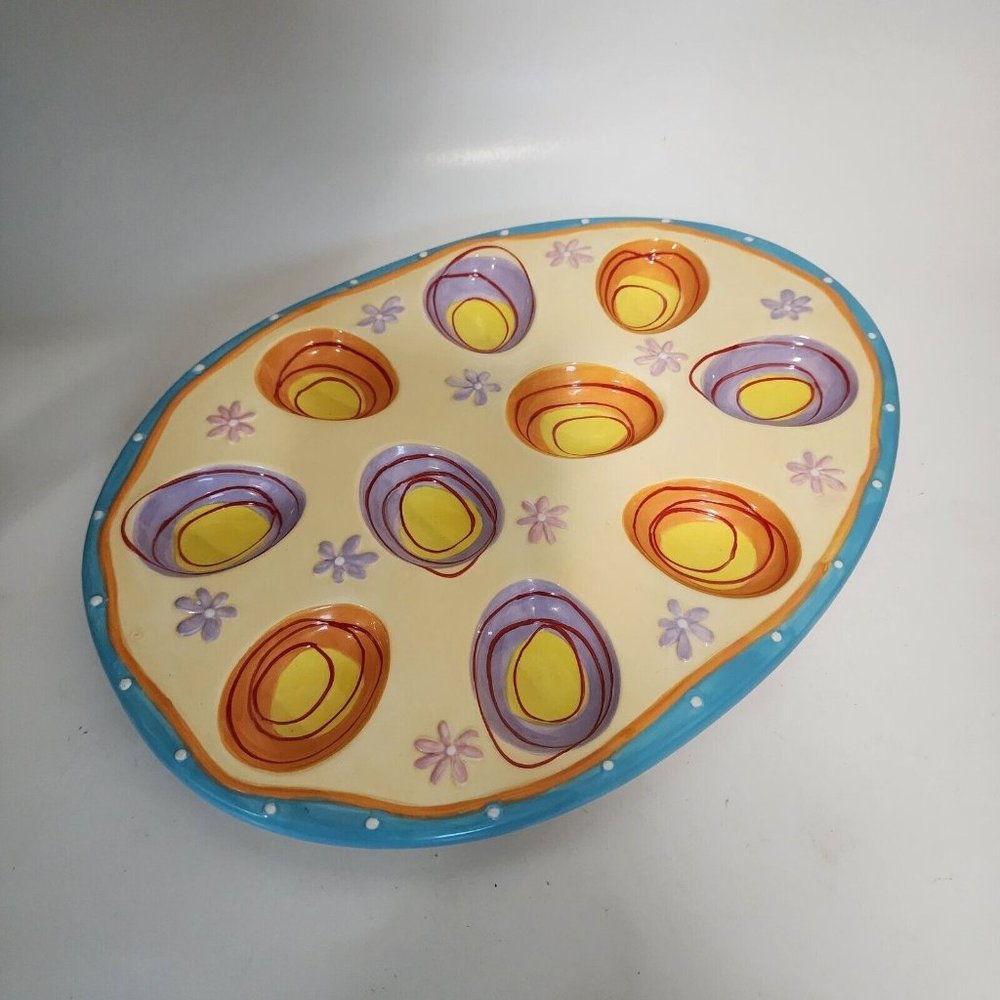 Bella Casa Devil Egg Ceramic Platter Colorful 12”x9” Easter Spring Ganz